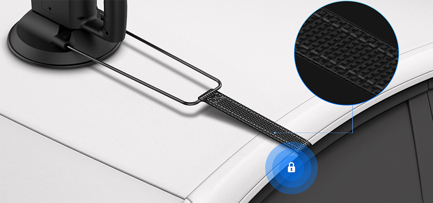 Am B&uuml;gel des Schirms ist ein Metallfaserband angebracht, welches in der Autot&uuml;re eingeklemmt wird und somit die Entwendung des Schirms verhindert.